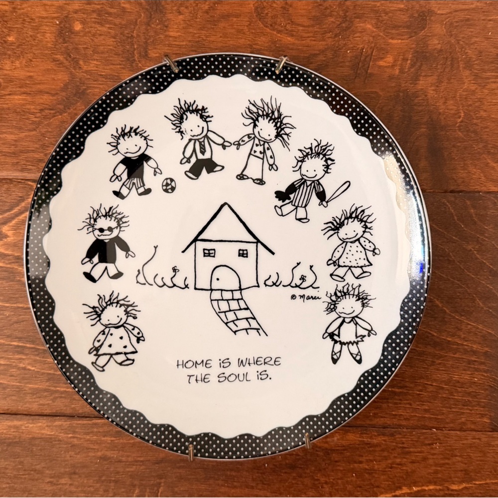 Black and White Decorative Plate with Playful Kids Illustration